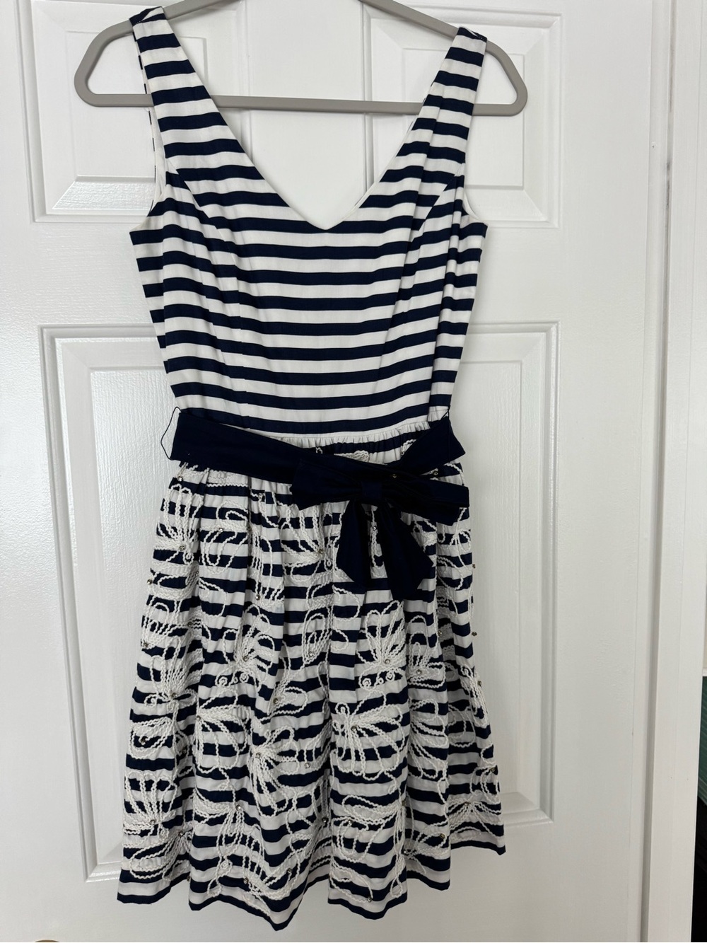 Lilly Pulitzer Navy and White Striped Sleeveless Lace-Overlay Dress